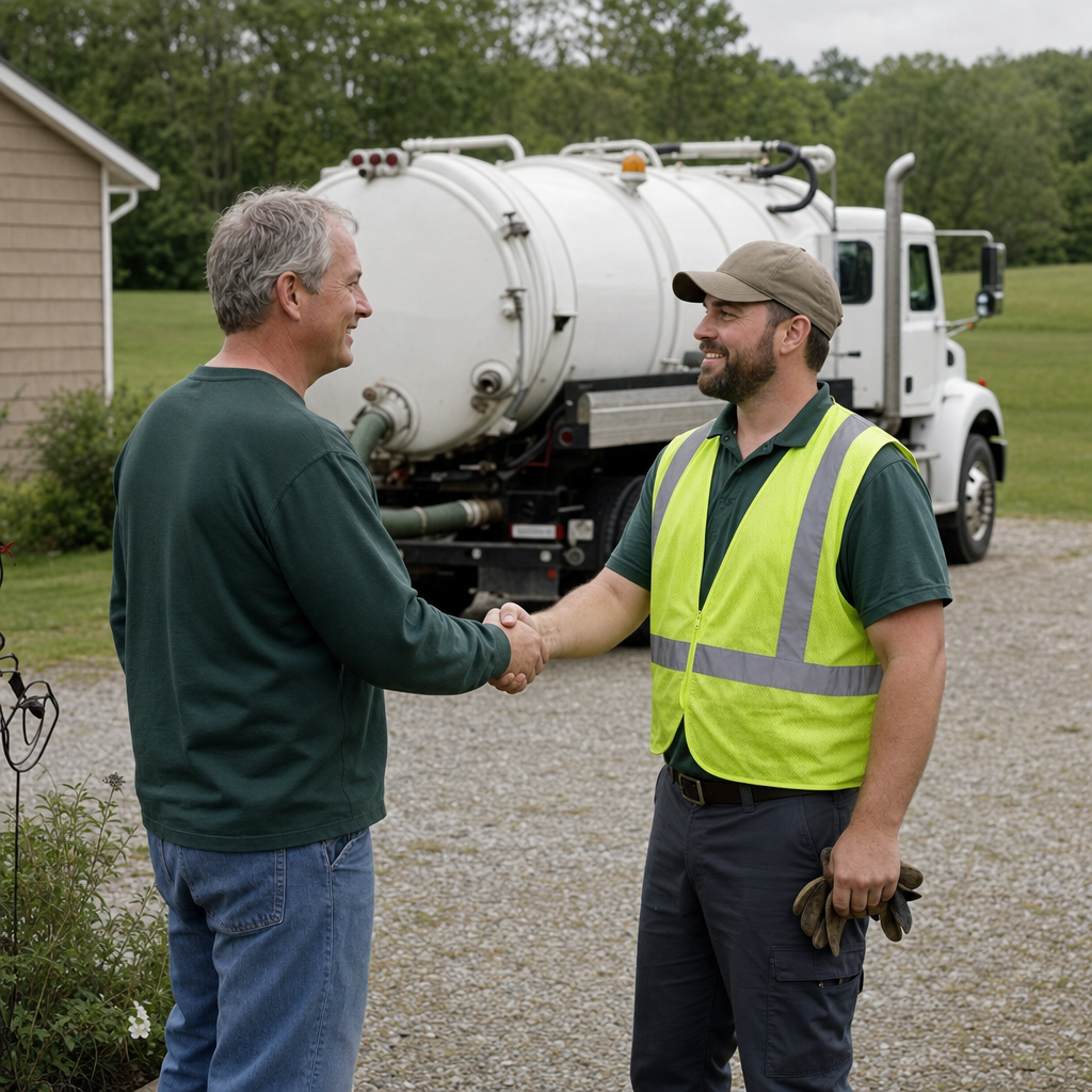A septic technician shaking a Pawtucket homeowner's hand beside the service truck after a completed pump-out