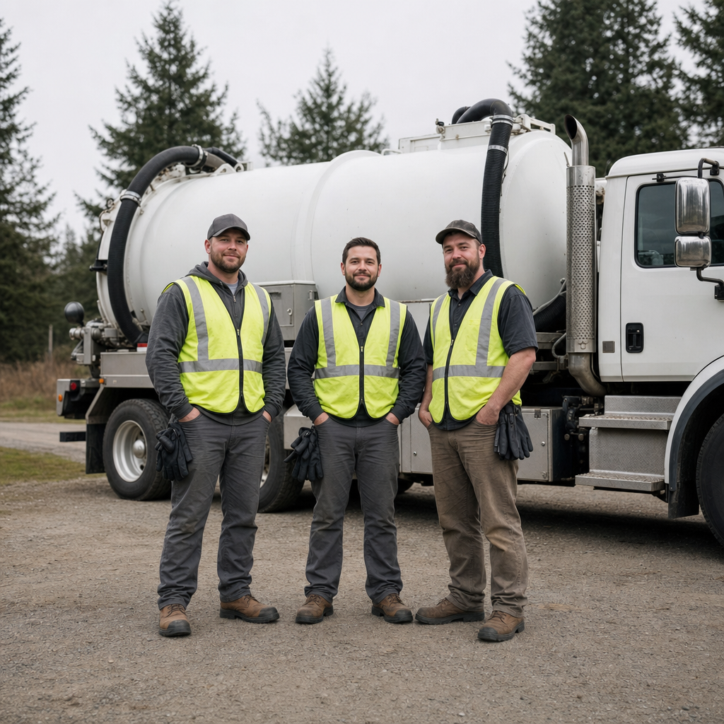 The Pawtucket septic pumping crew standing together beside their clean white vacuum truck on a residential street
