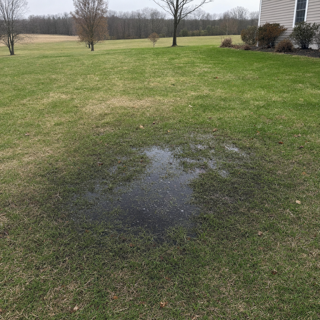 A dark, saturated wet spot in a Pawtucket backyard lawn marking a failing cesspool at capacity
