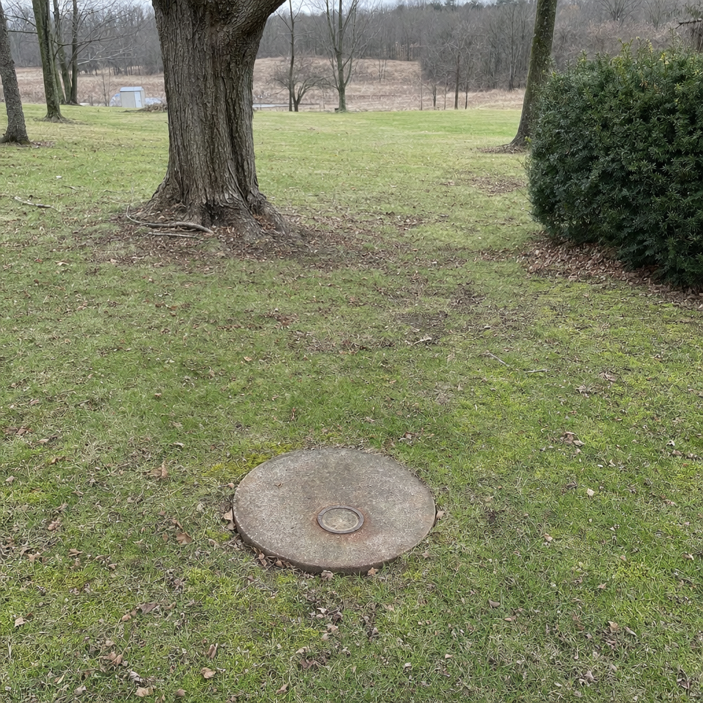 An older round cesspool access lid set flush in an established, mature Pawtucket backyard lawn