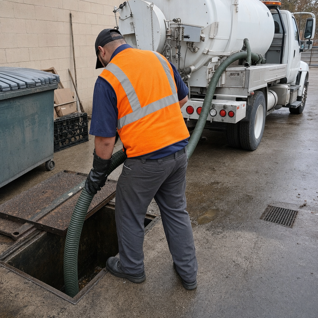 Technician pumping a grease trap behind a Pawtucket restaurant