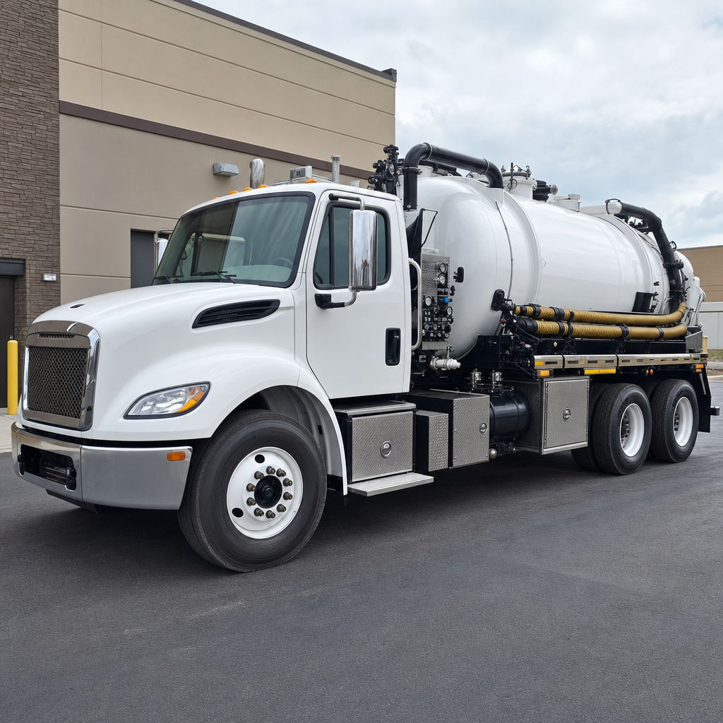 Commercial septic vacuum truck parked in a Pawtucket business parking lot