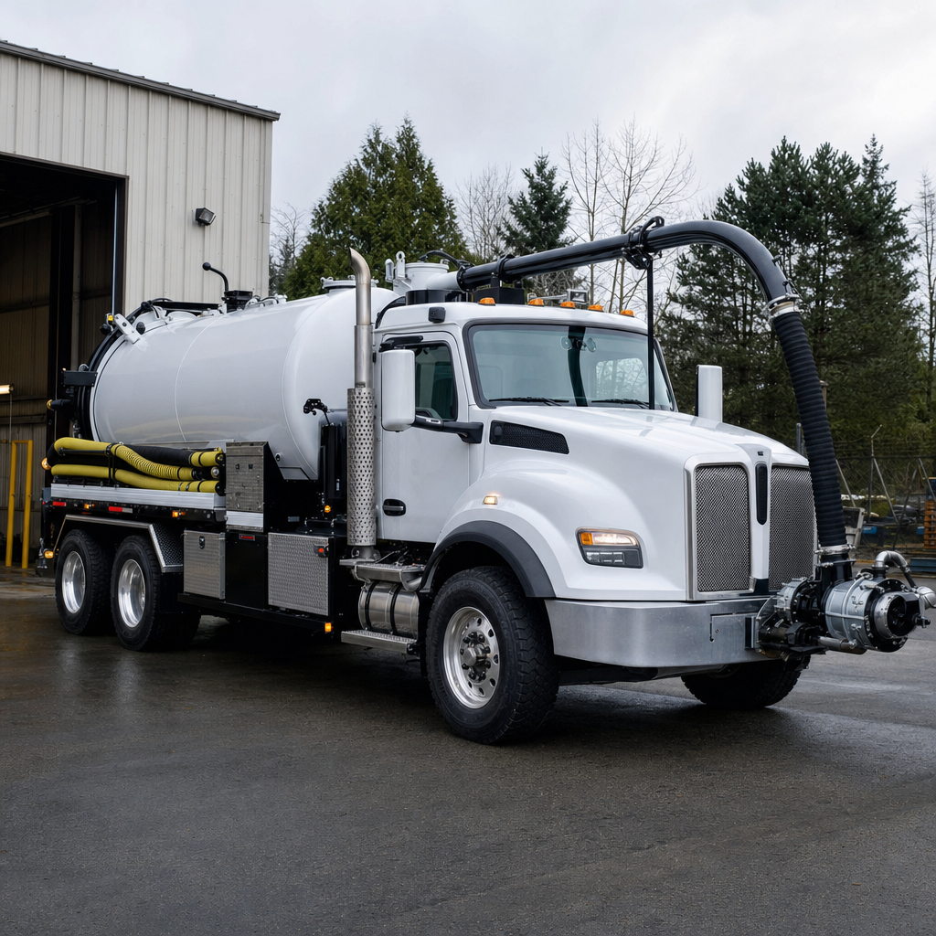 A clean white septic vacuum truck rolling out of a tidy Pawtucket service depot at the start of the day