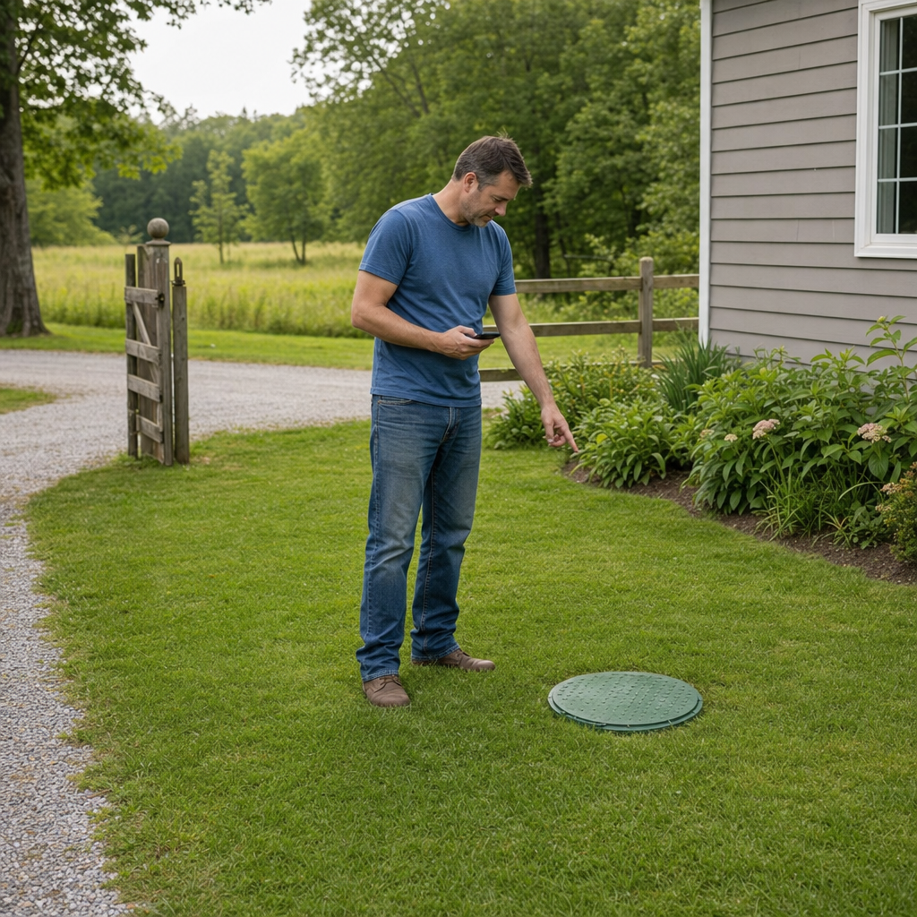 A Pawtucket-area homeowner standing in the backyard noting where the septic tank lid and access route are located