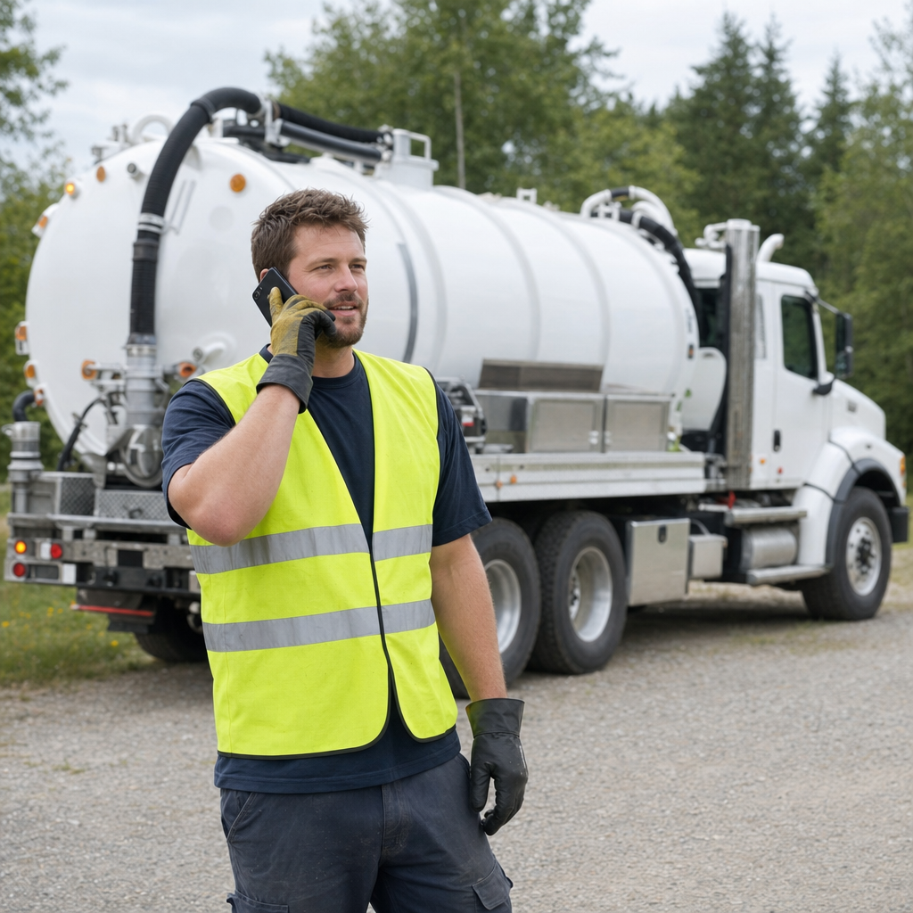 A friendly septic dispatcher holding a phone, ready to answer a Pawtucket homeowner's call about a pump-out