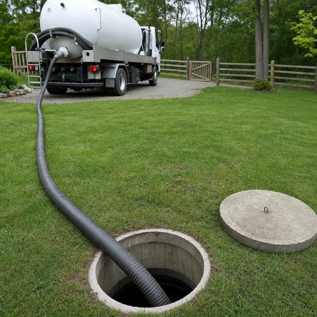 Suction hose connected to an open septic tank, drawing it down in a tidy Pawtucket yard