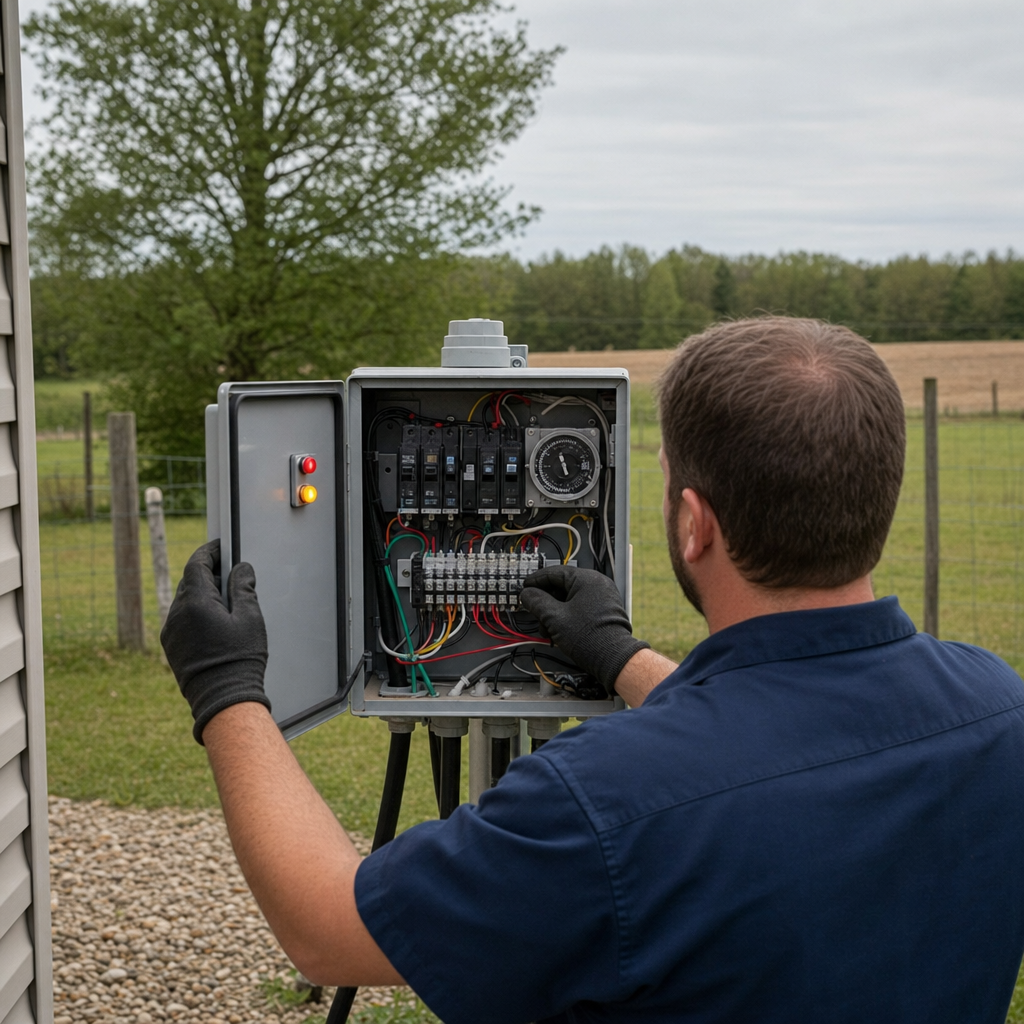 Technician checking an aerobic septic control box with a lit red high-water alarm during a same-day Pawtucket visit