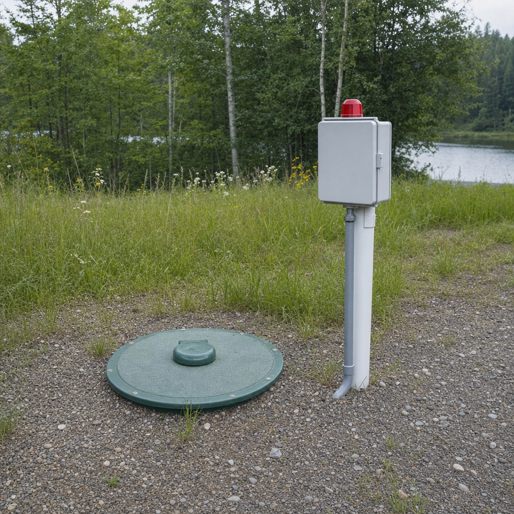 A wastewater holding tank access lid set in the ground at a rural Pawtucket-area cabin, with a mounted high-level float alarm panel nearby