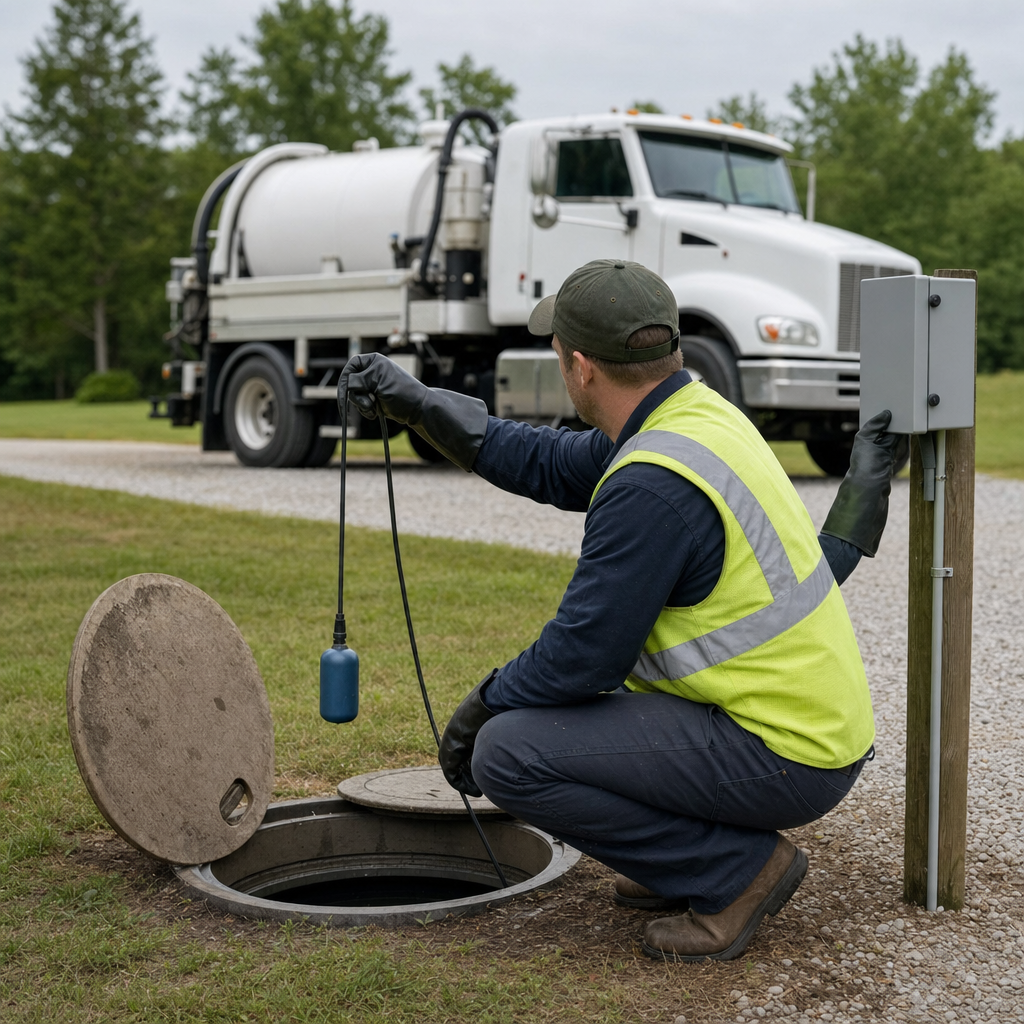 A septic technician in a high-visibility vest checking a high-level float switch and alarm panel on a holding tank at a rural Pawtucket-area site