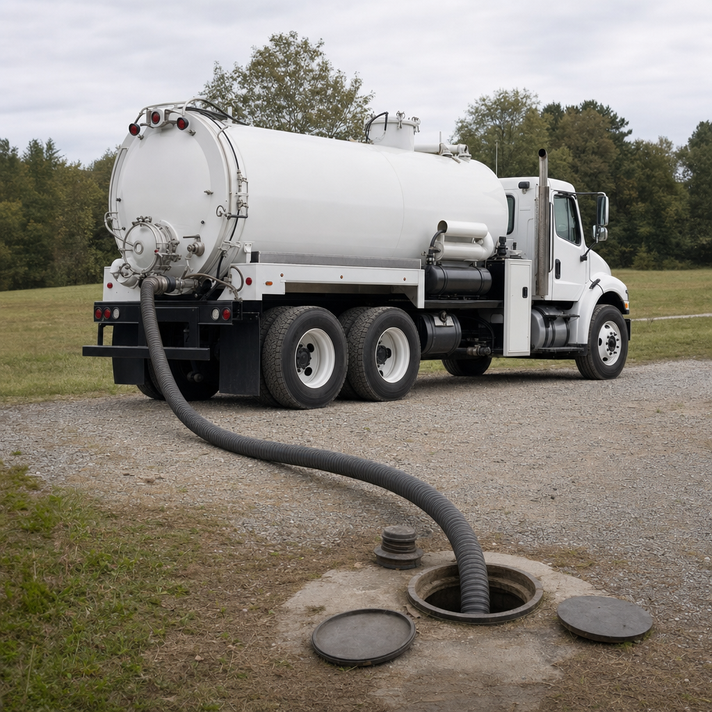 An unmarked white vacuum truck emptying a wastewater holding tank on a scheduled visit at a rural Pawtucket-area property, thick suction hose running to the tank lid