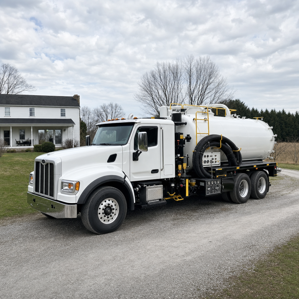A clean white septic vacuum truck parked on a tidy Pawtucket driveway with the suction hose neatly coiled