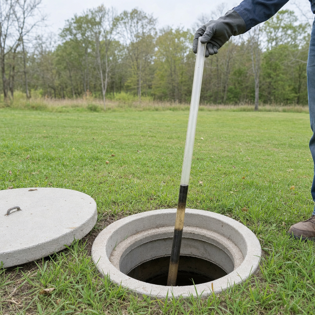 A septic sludge-judge measuring stick lowered into an open Pawtucket septic tank to read the depth of the sludge and scum layers before deciding whether a pump-out is due