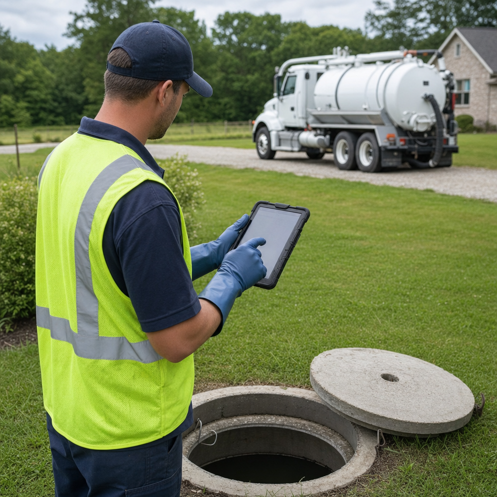 A septic technician recording a Pawtucket home's pump-out date and tank condition on a tablet beside an open access lid, tracking the service history that sets the next due date