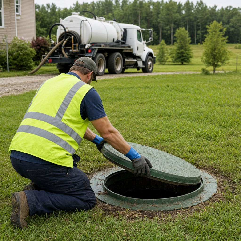 Septic technician kneeling on a Pawtucket lawn, lifting the access lid on a residential septic tank