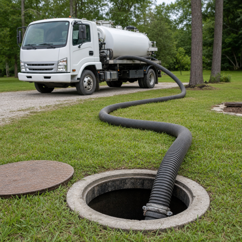 Thick ribbed suction hose lowered into a clean open septic tank port on a tidy Pawtucket backyard lawn