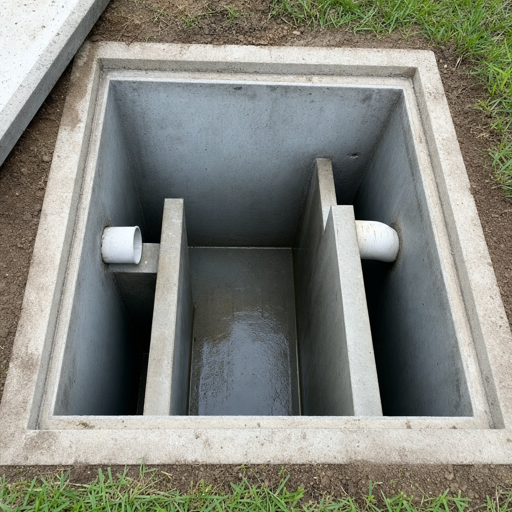 Inspection of the concrete baffles inside an open, emptied and freshly cleaned Pawtucket septic tank