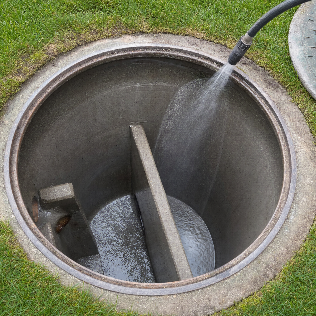 Interior concrete walls of an emptied Pawtucket septic tank being rinsed clean with the truck's onboard water hose