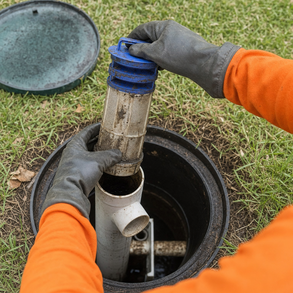 Septic technician's gloved hands lifting the effluent filter cartridge out of the outlet housing on a Pawtucket septic tank