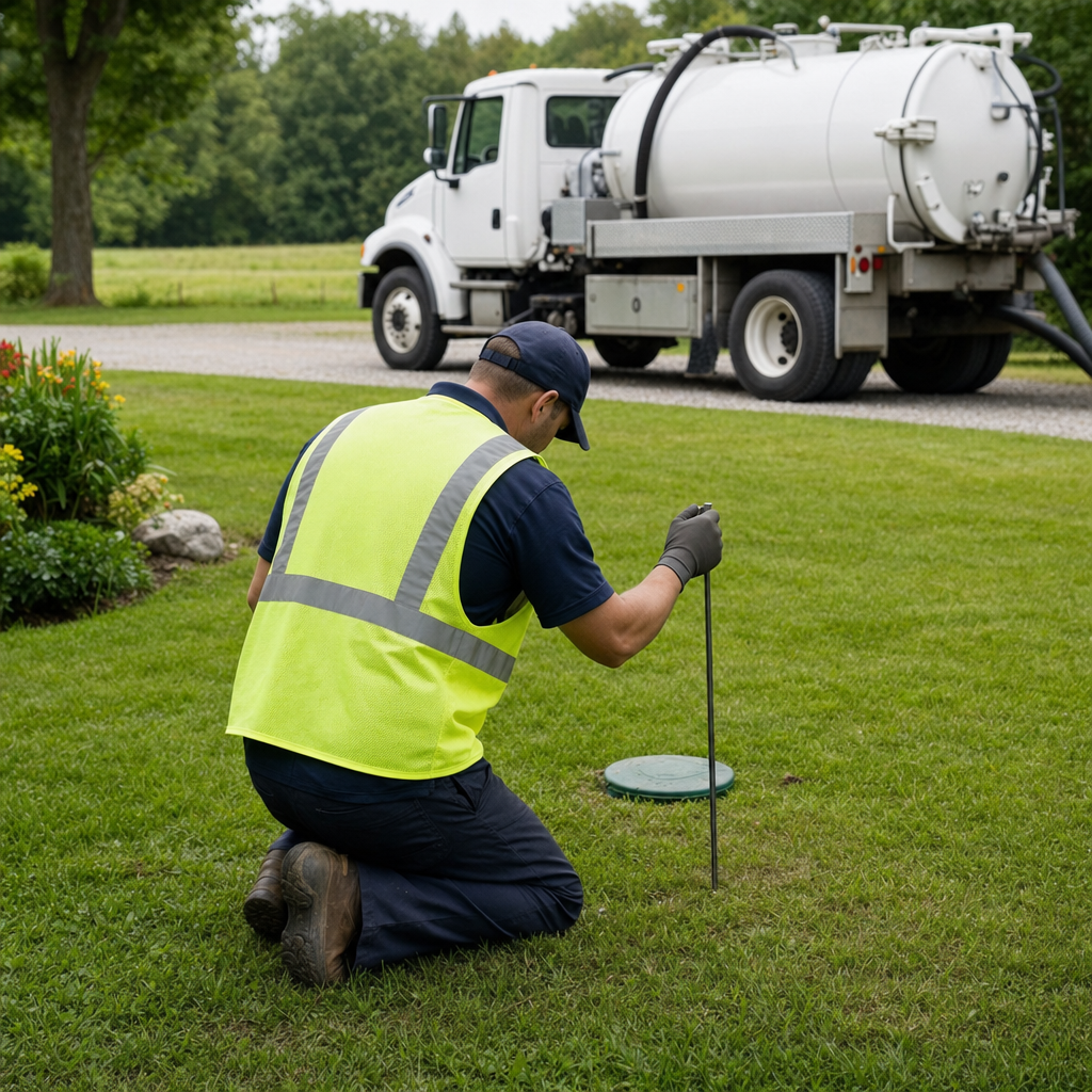 Septic technician kneeling on a Pawtucket lawn, probing to locate and measure the depth of a buried septic tank lid before pumping