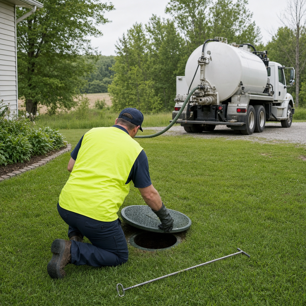 Septic technician kneeling on a Pawtucket lawn, lifting the buried access lid on a residential septic tank