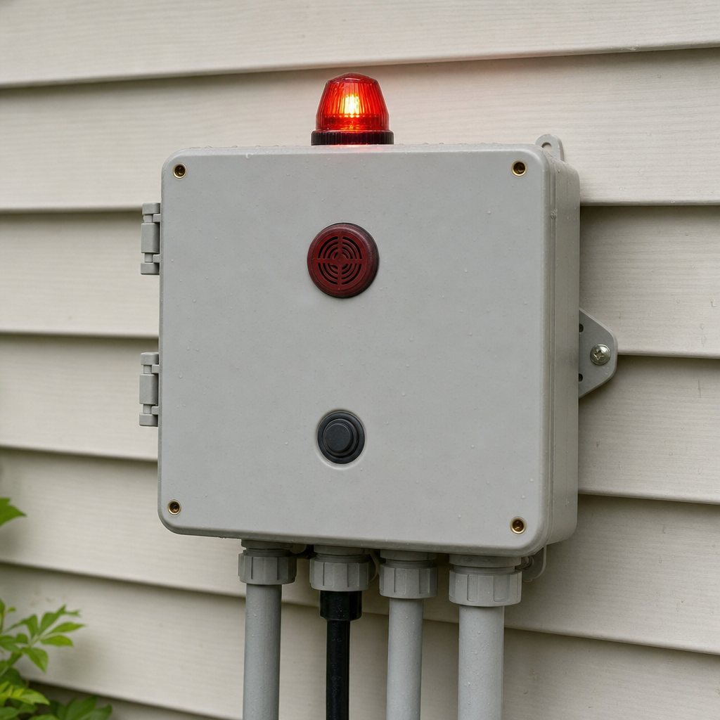 An aerobic septic system control panel mounted outside a Pawtucket home with its red high-water alarm light lit