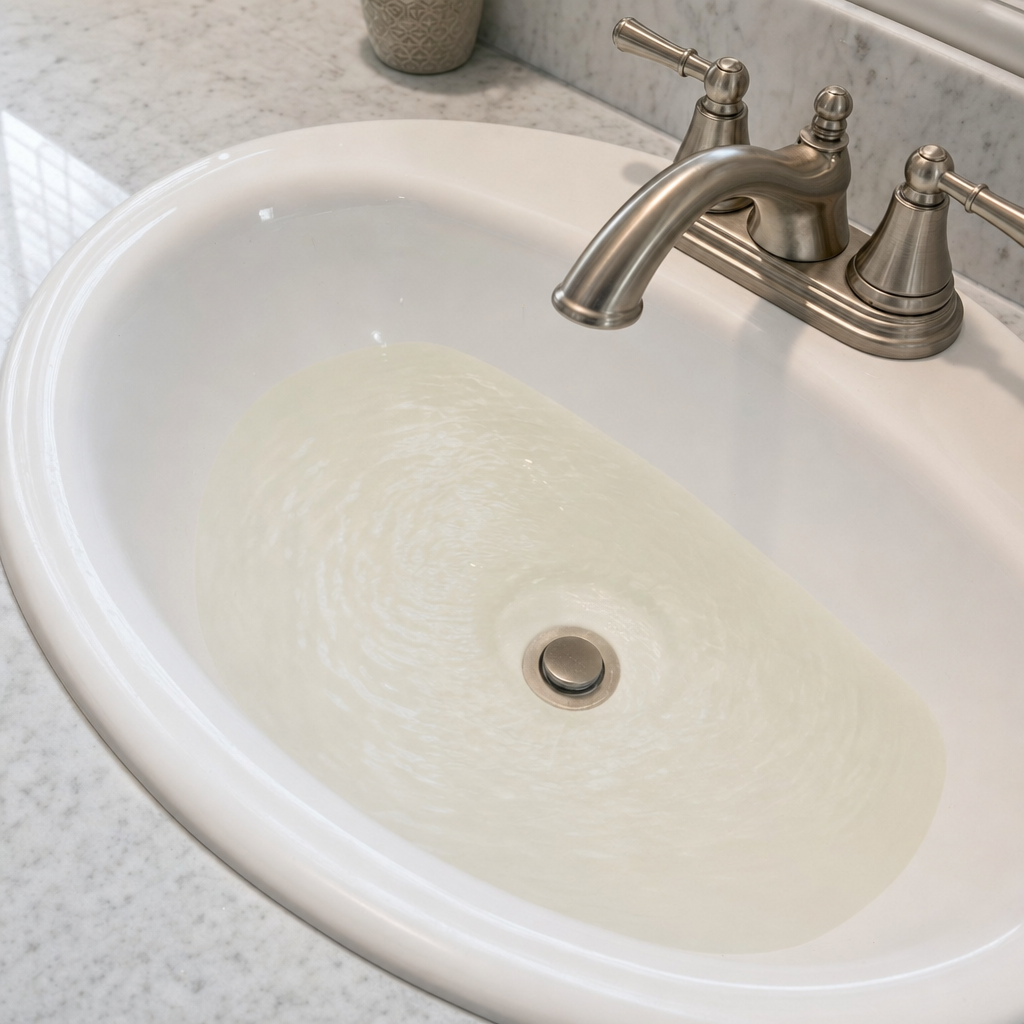 A bathroom sink draining slowly with water pooled in the basin, an early warning sign that a Pawtucket septic tank is full